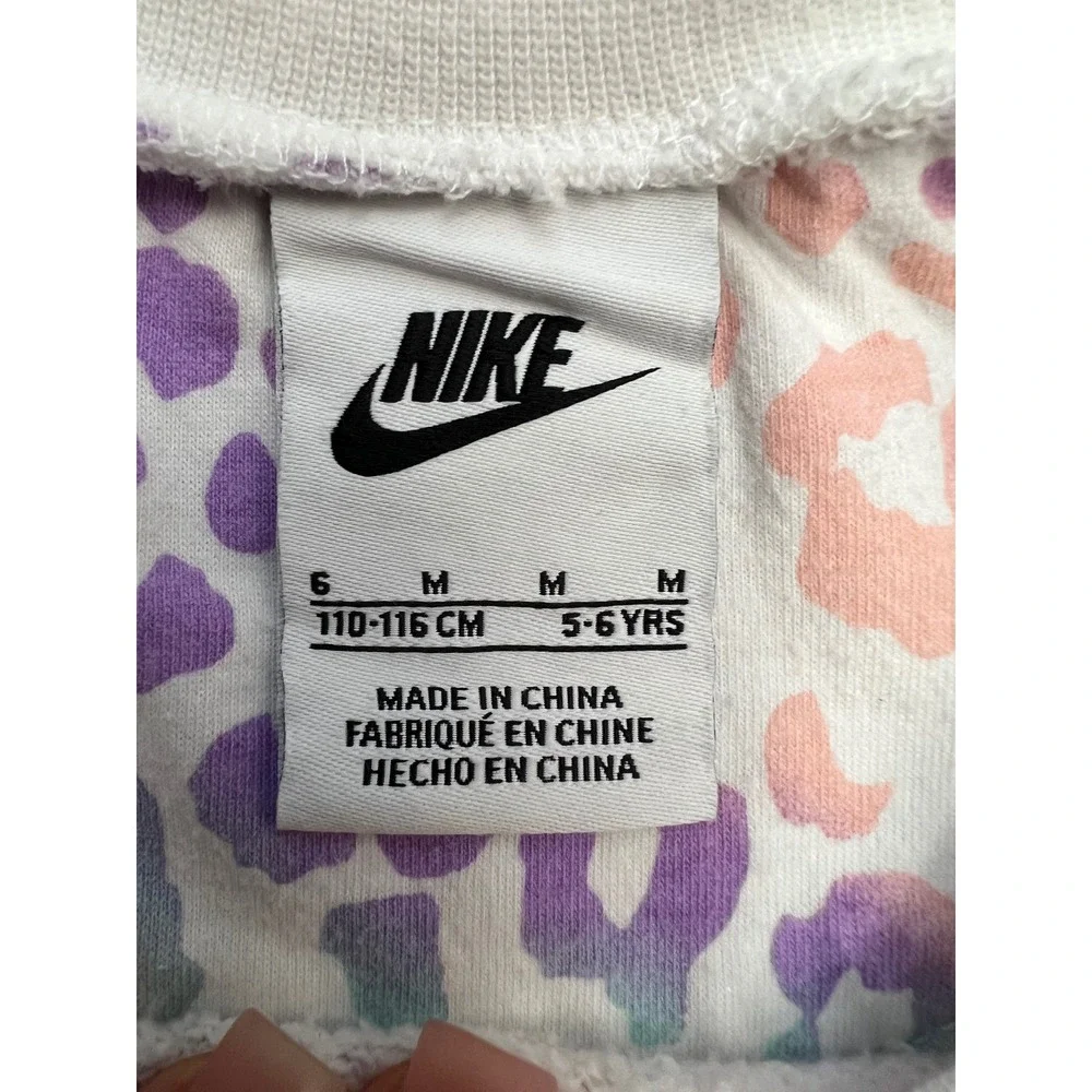 Nike Girls' Pastel Leopard Print Sweatshirt – Size 6 – 60% Cotton, 40% Polyester